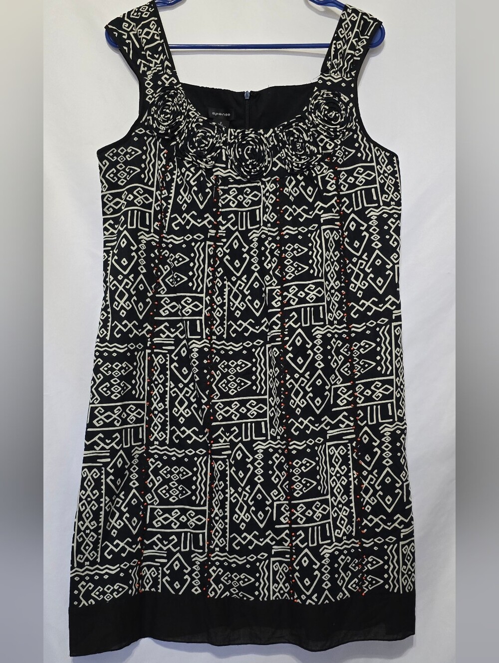 Spense Black White Geometric Tribal Patchwork Rosette Sheath Dress